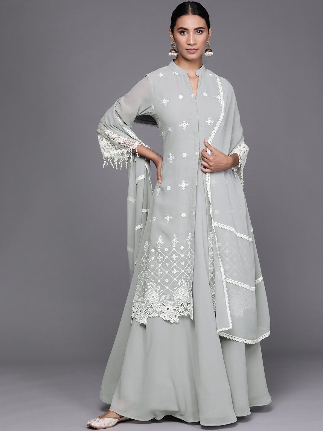 Grey Embroidered Georgette Suit Set