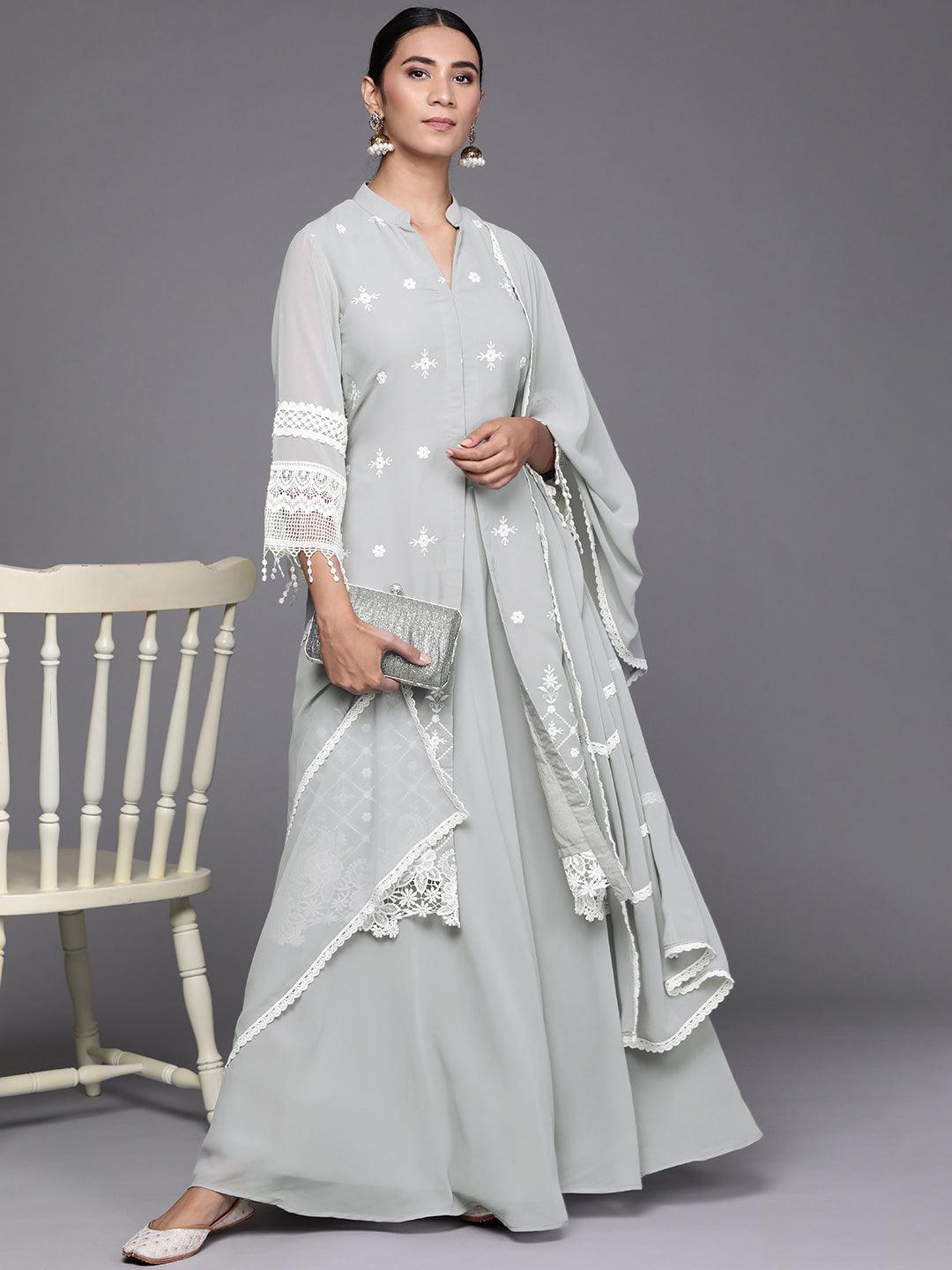 Grey Embroidered Georgette Suit Set