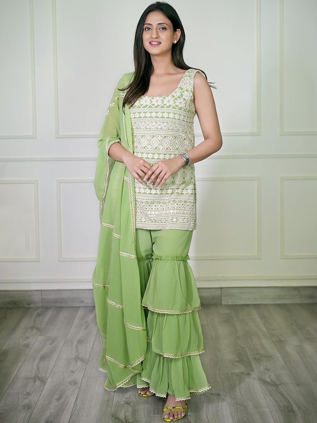 Green Embroidered Georgette Suit Set