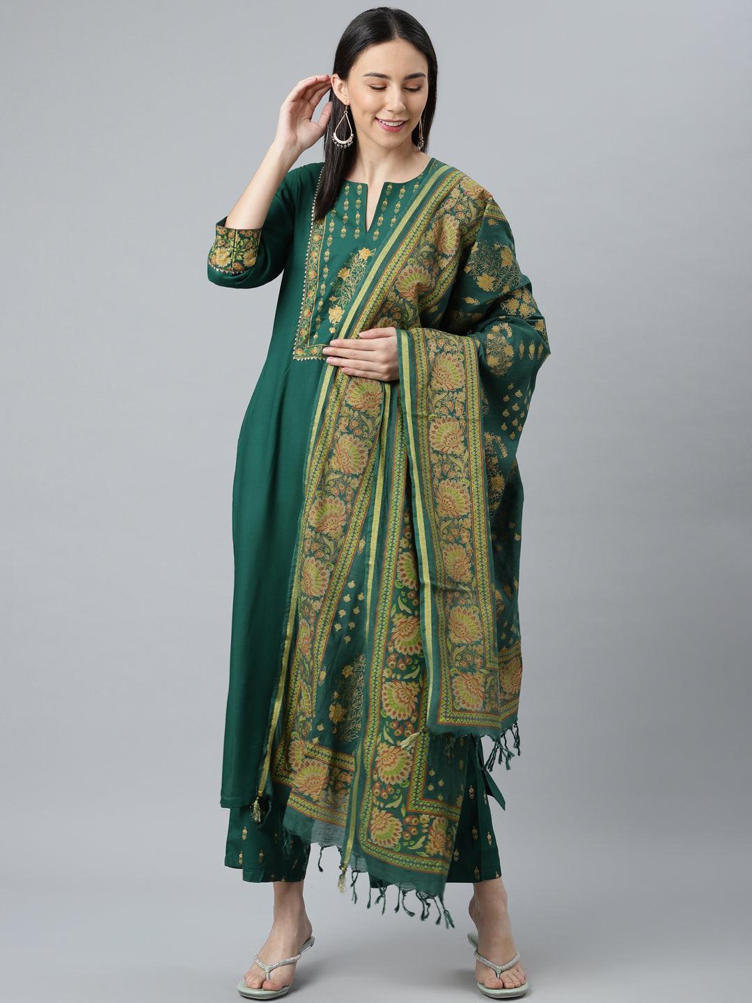 Green Printed Rayon Suit Set - ShopLibas