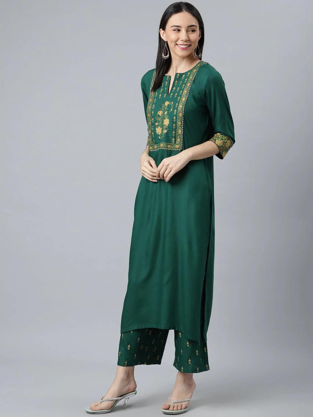 Green Printed Rayon Suit Set