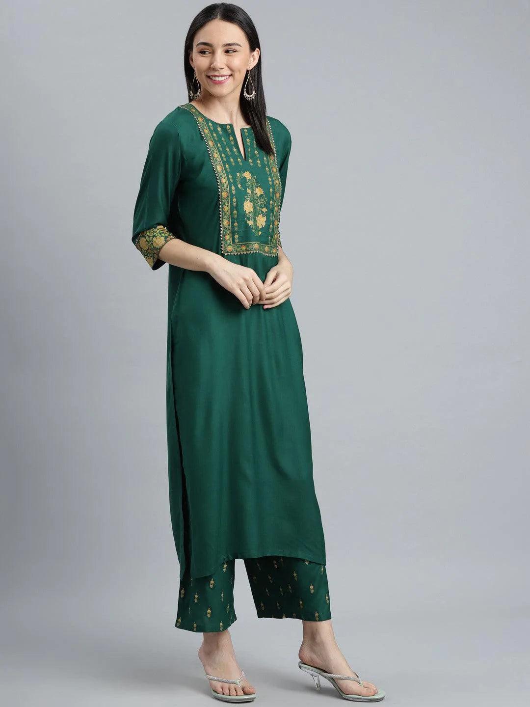 Green Printed Rayon Suit Set