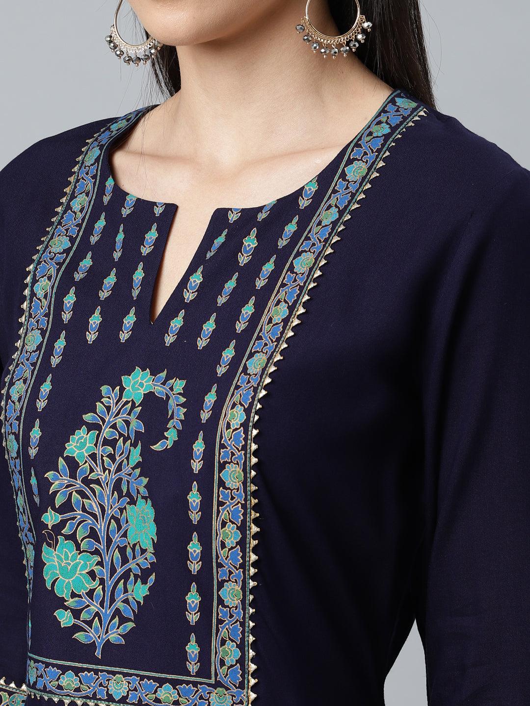 Blue Printed Rayon Suit Set - ShopLibas