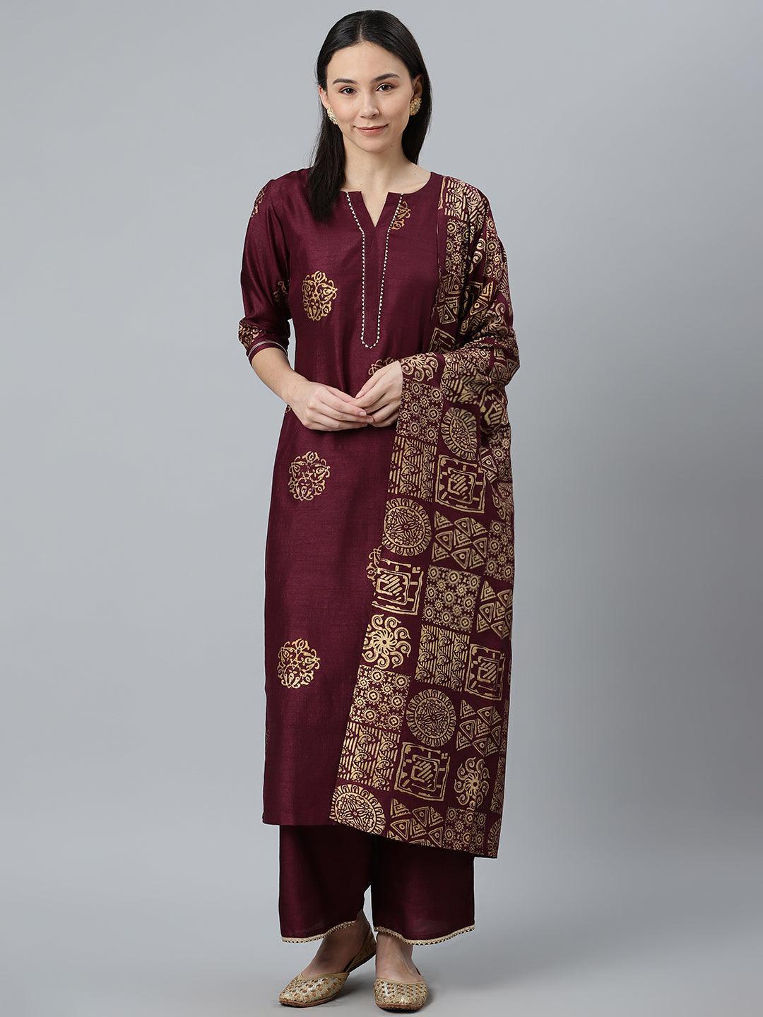 Purple Printed Silk Blend Suit Set - ShopLibas