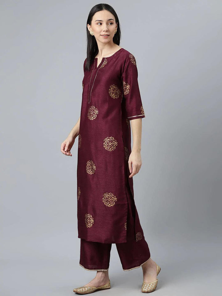 Purple Printed Silk Blend Suit Set - ShopLibas