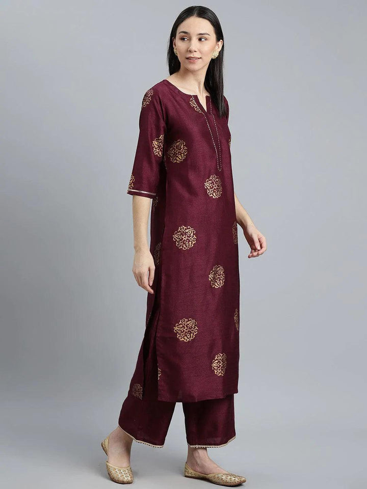 Purple Printed Silk Blend Suit Set - ShopLibas