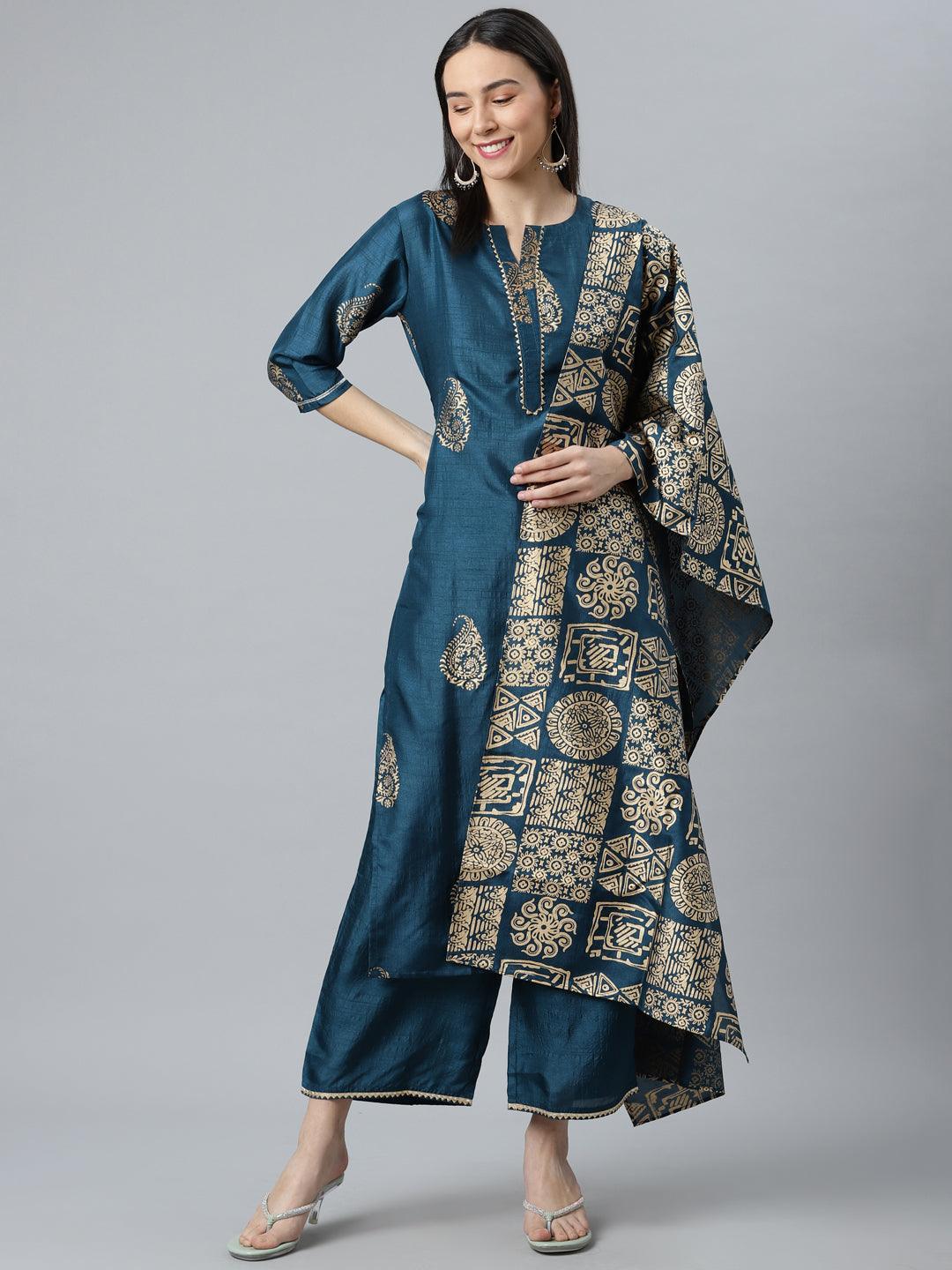 Teal Printed Silk Blend Suit Set