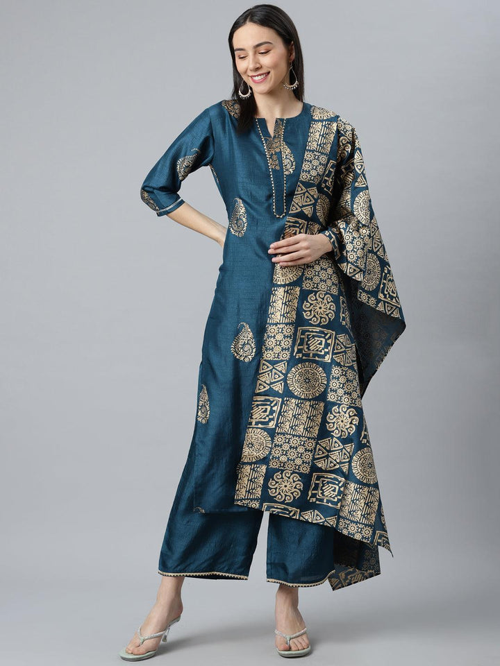 Teal Printed Silk Blend Suit Set - ShopLibas