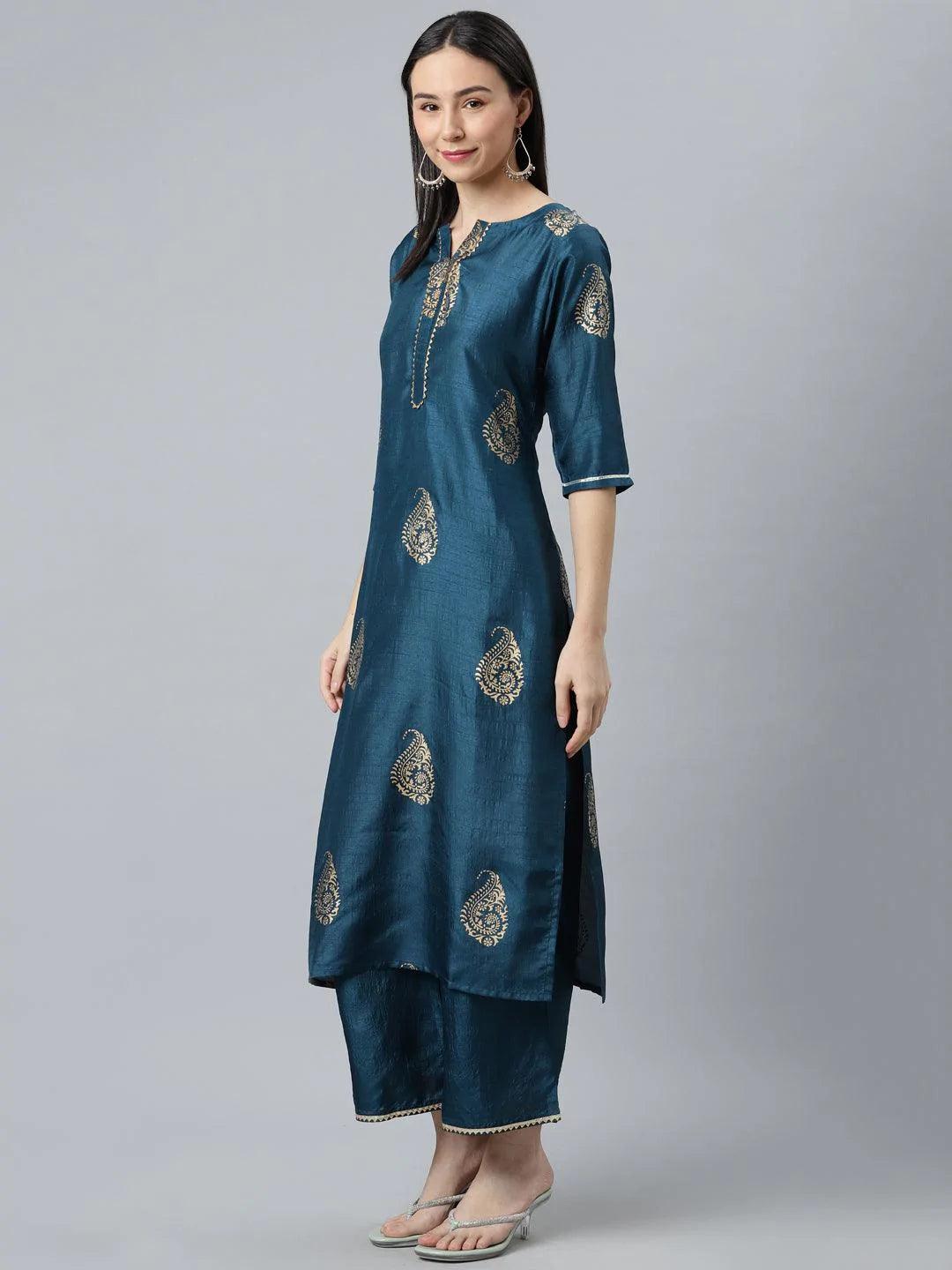 Teal Printed Silk Blend Suit Set