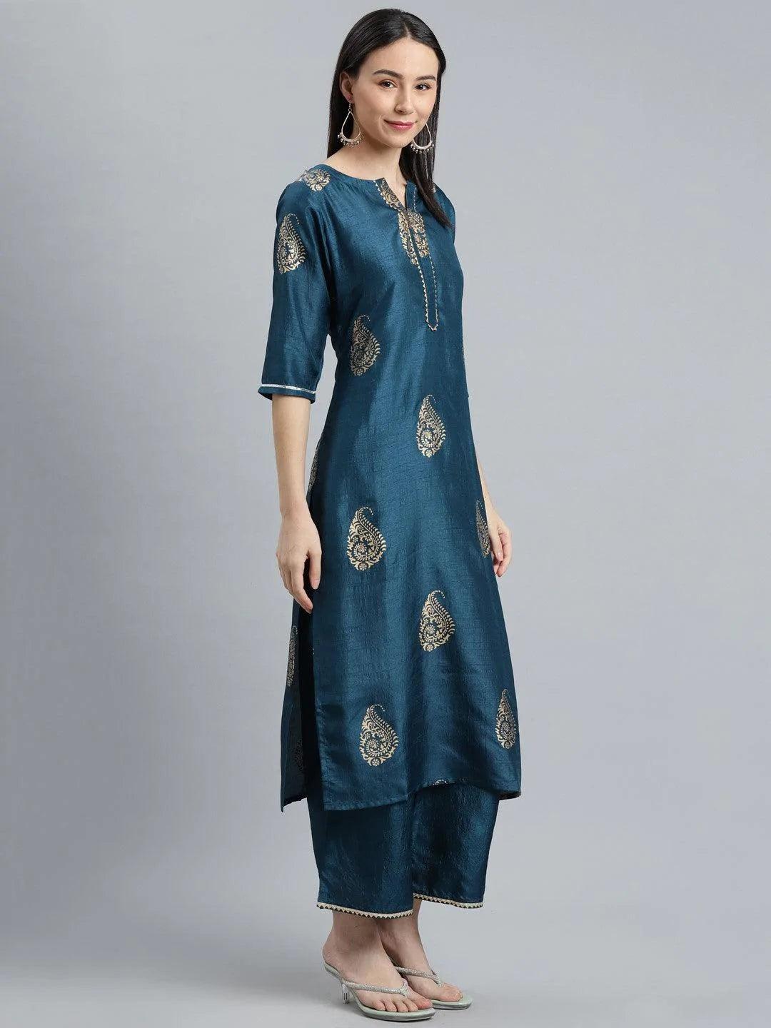 Teal Printed Silk Blend Suit Set - ShopLibas