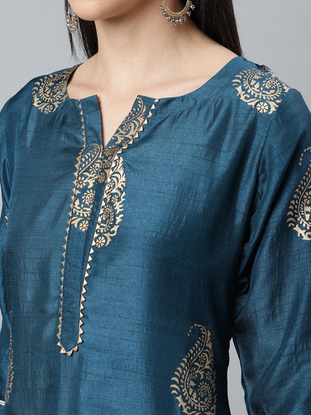 Teal Printed Silk Blend Suit Set - ShopLibas