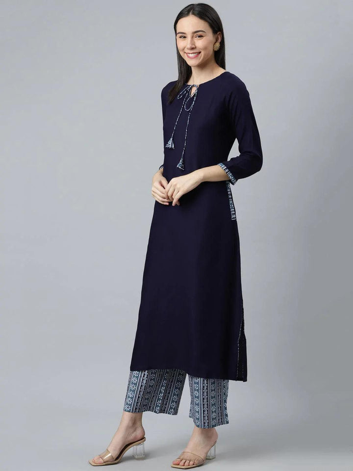 Blue Solid Rayon Suit Set - ShopLibas