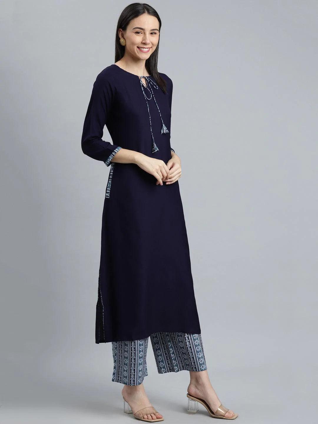 Blue Solid Rayon Suit Set - ShopLibas