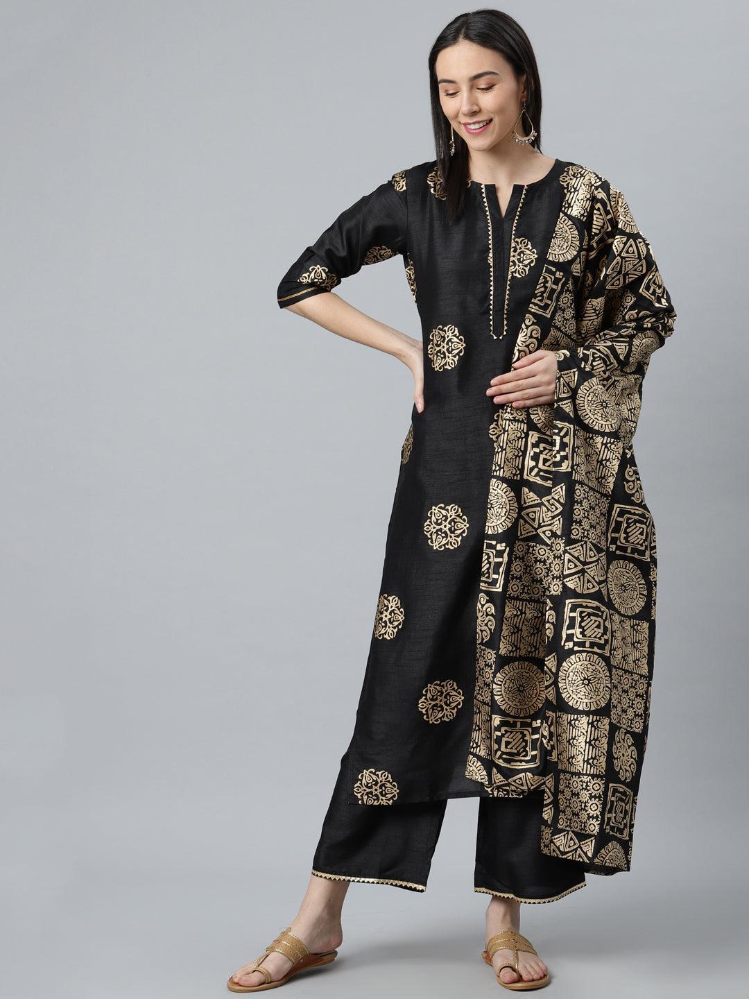 Black Printed Silk Blend Suit Set