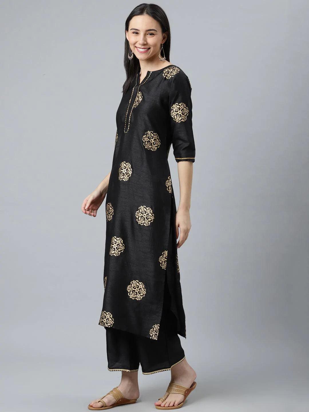 Black Printed Silk Blend Suit Set - ShopLibas