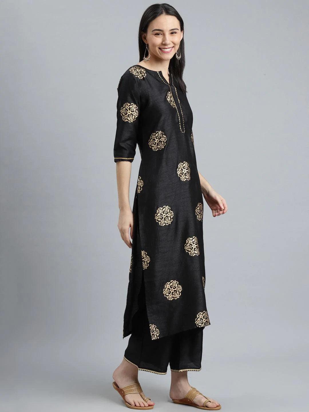 Black Printed Silk Blend Suit Set