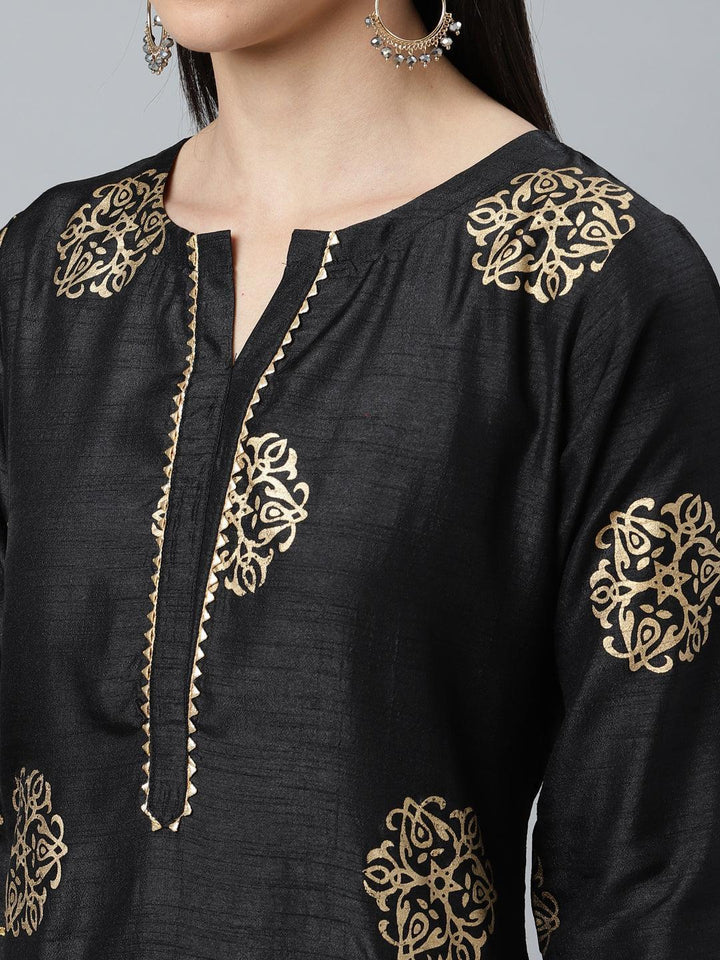 Black Printed Silk Blend Suit Set - ShopLibas