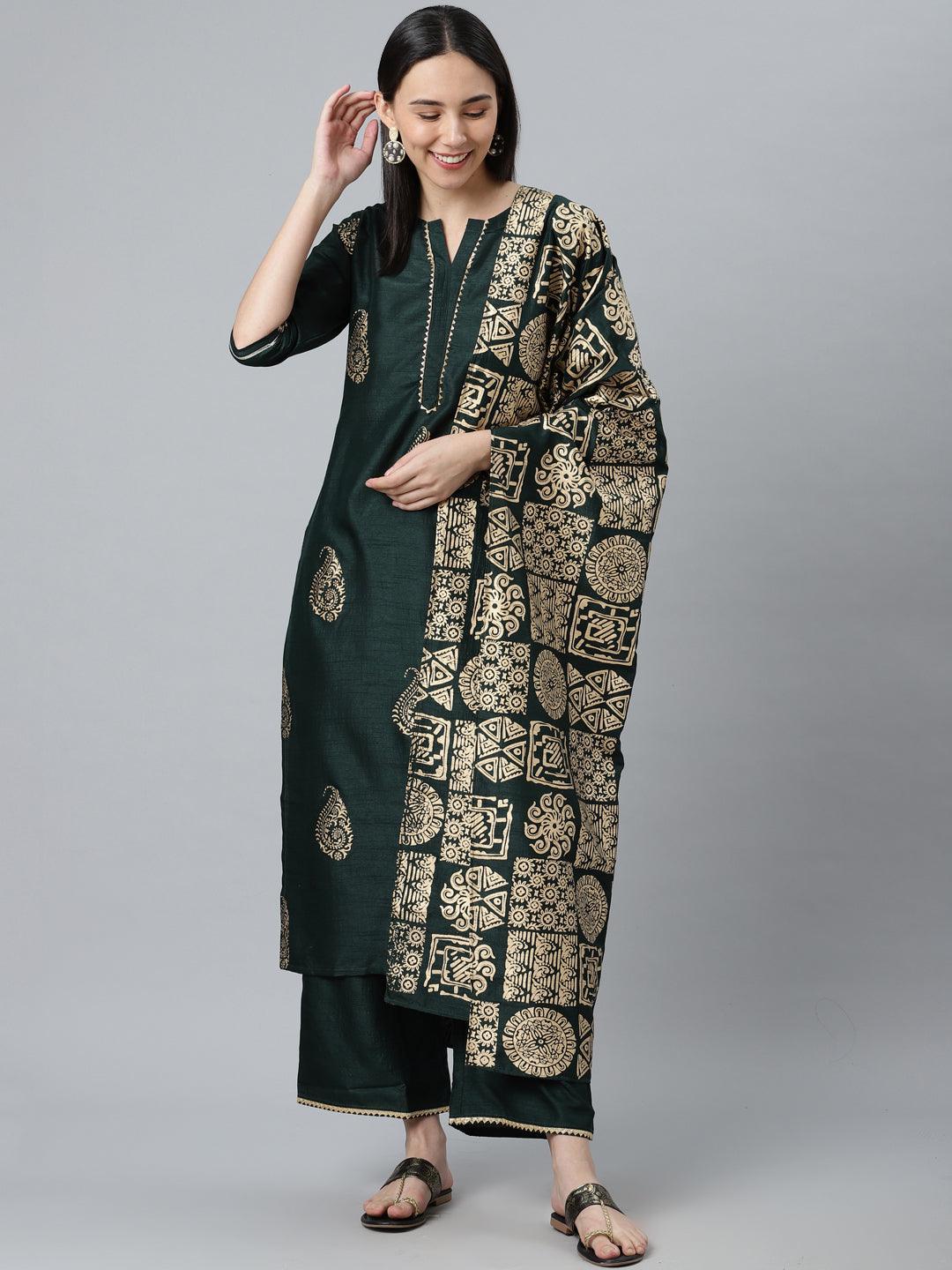 Green Printed Silk Blend Suit Set