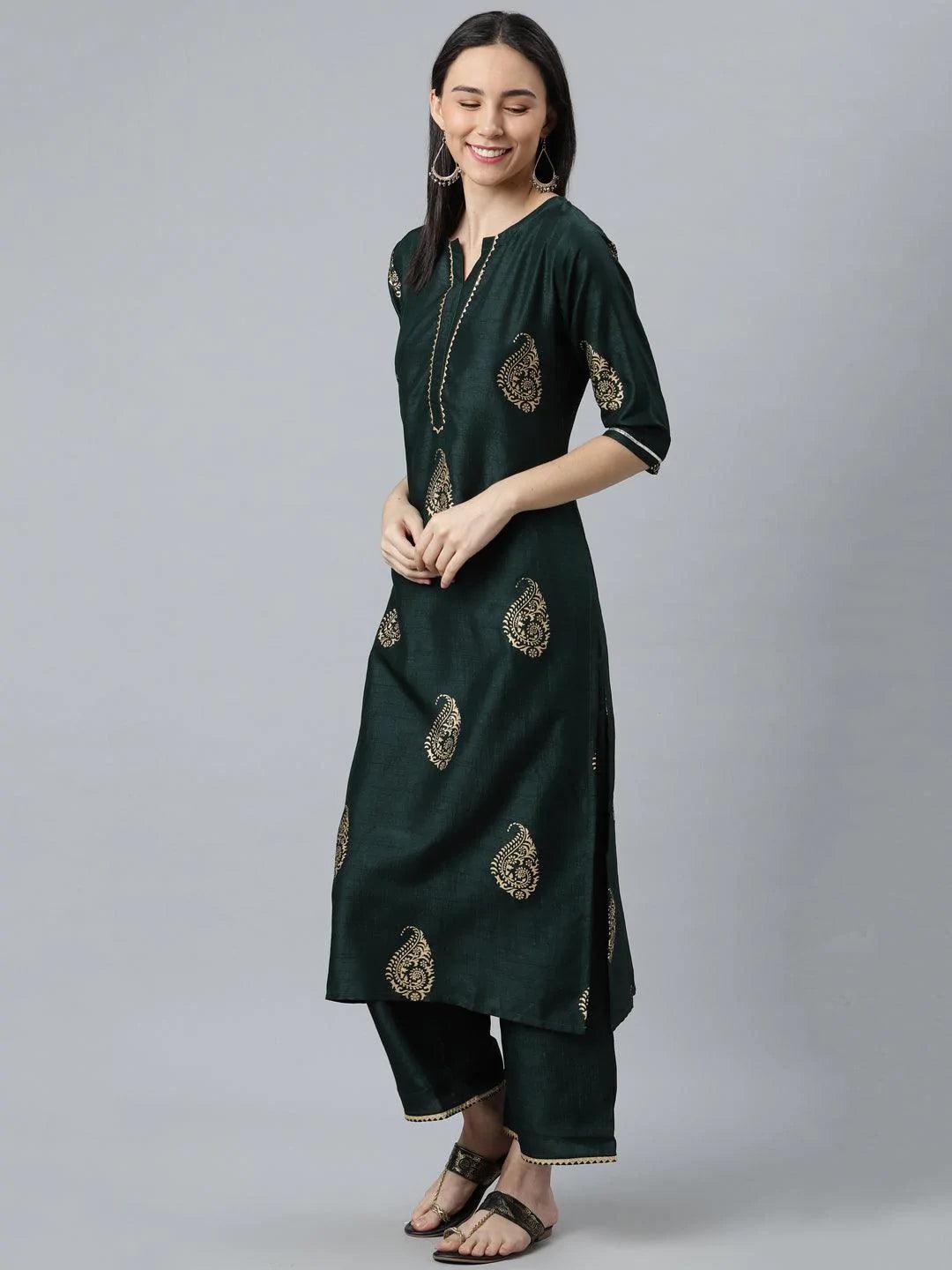 Green Printed Silk Blend Suit Set