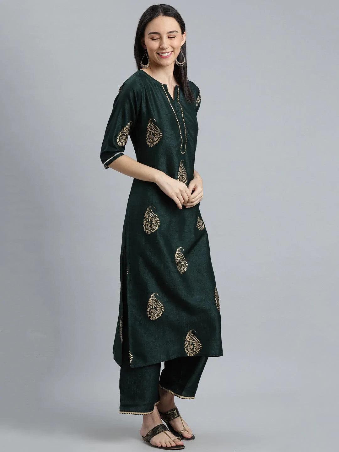 Green Printed Silk Blend Suit Set