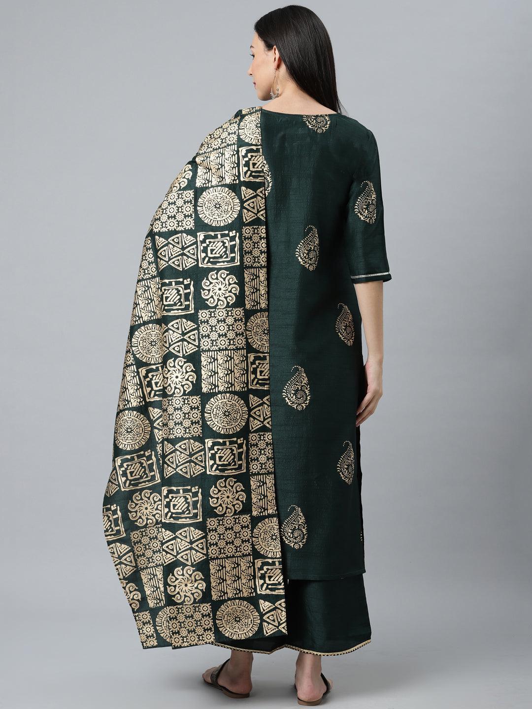 Green Printed Silk Blend Suit Set