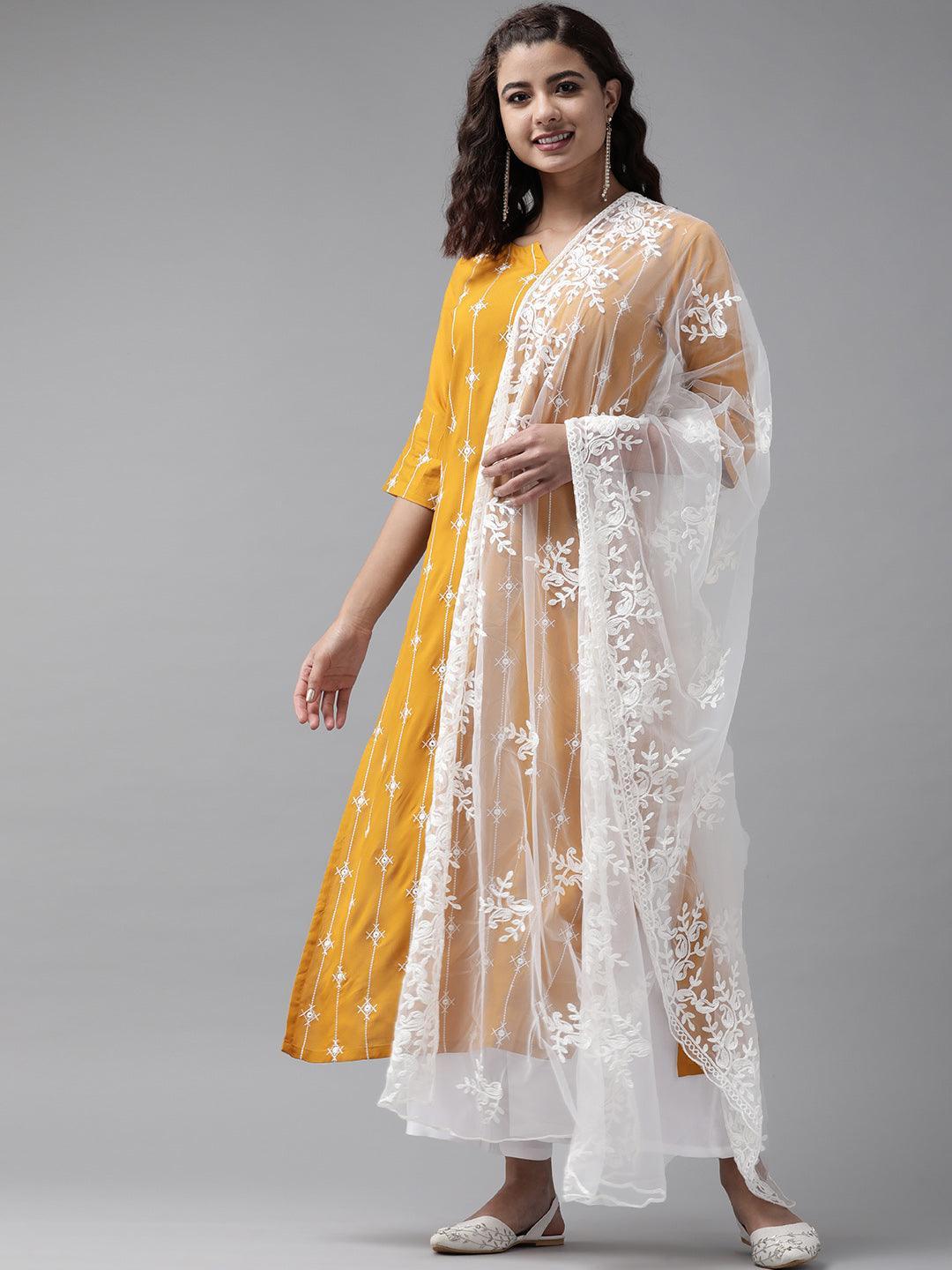 Yellow Embroidered Rayon Suit Set