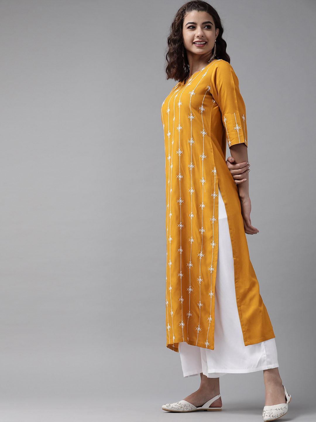 Yellow Embroidered Rayon Suit Set