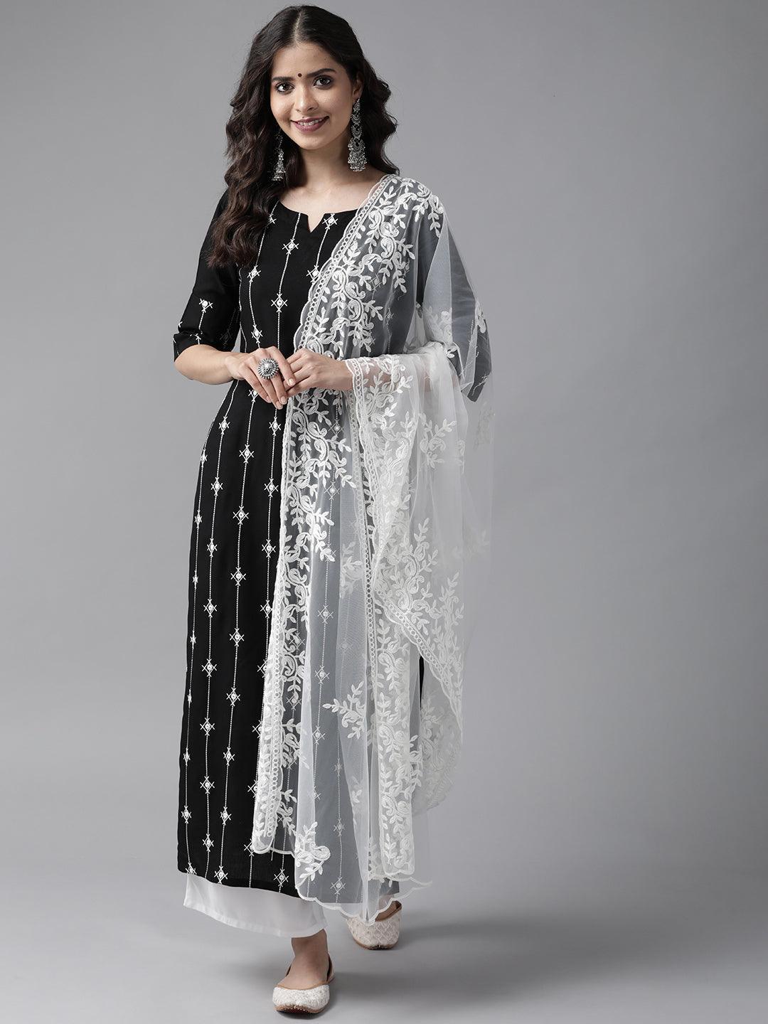 Black Embroidered Rayon Suit Set