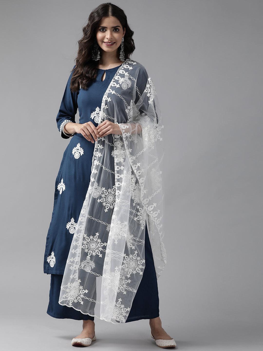 Blue Embroidered Rayon Suit Set - ShopLibas