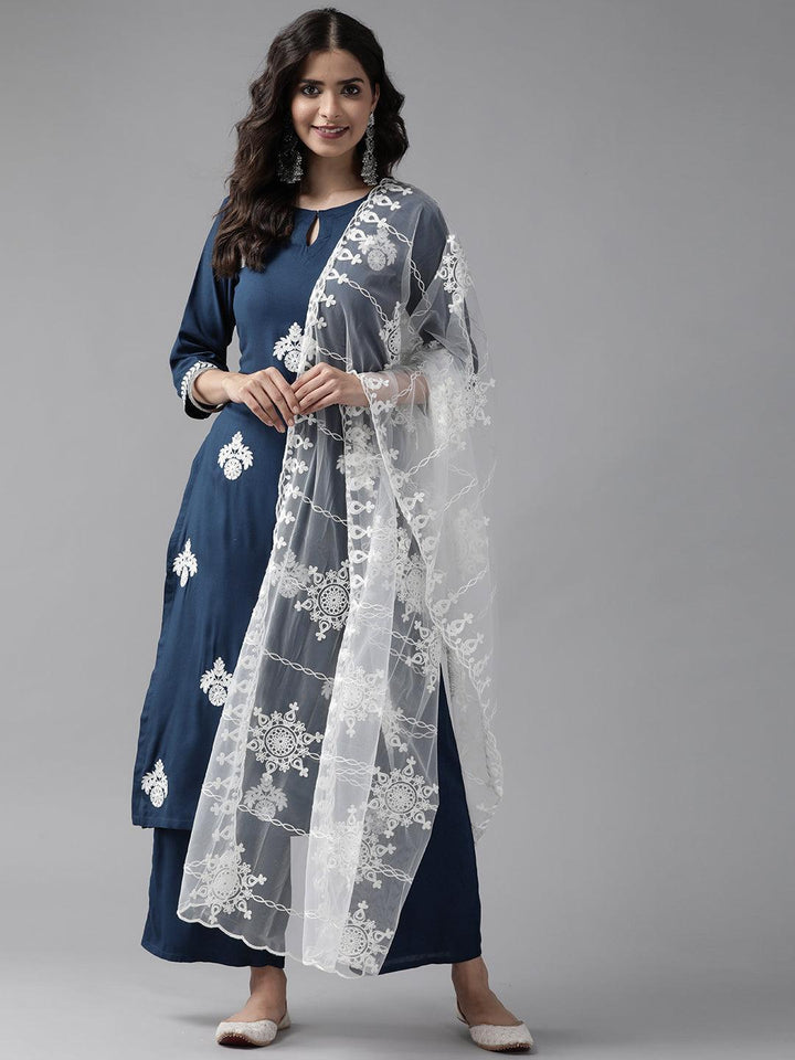 Blue Embroidered Rayon Suit Set - ShopLibas