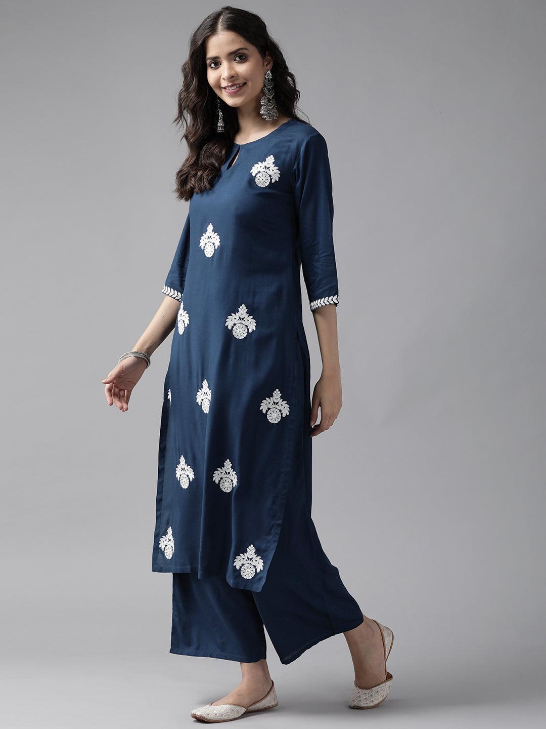 Blue Embroidered Rayon Suit Set