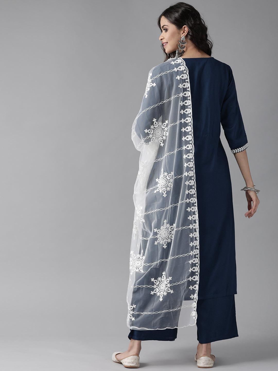 Blue Embroidered Rayon Suit Set - ShopLibas