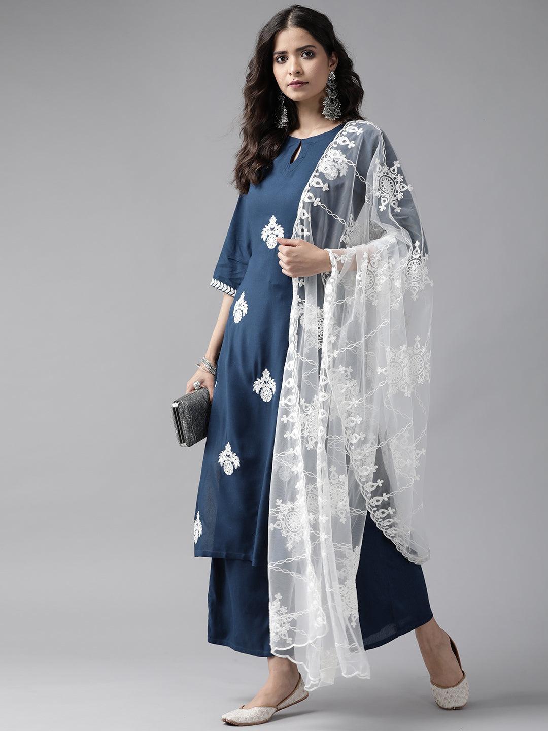 Blue Embroidered Rayon Suit Set