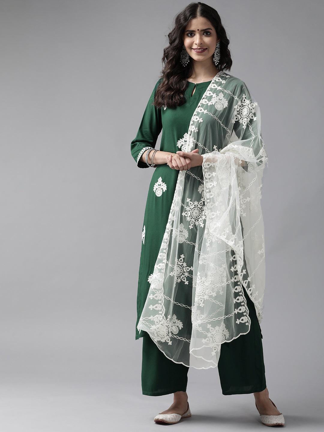 Green Embroidered Rayon Suit Set