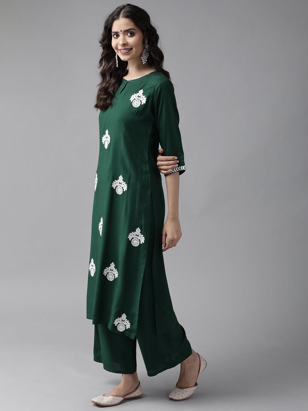 Green Embroidered Rayon Suit Set