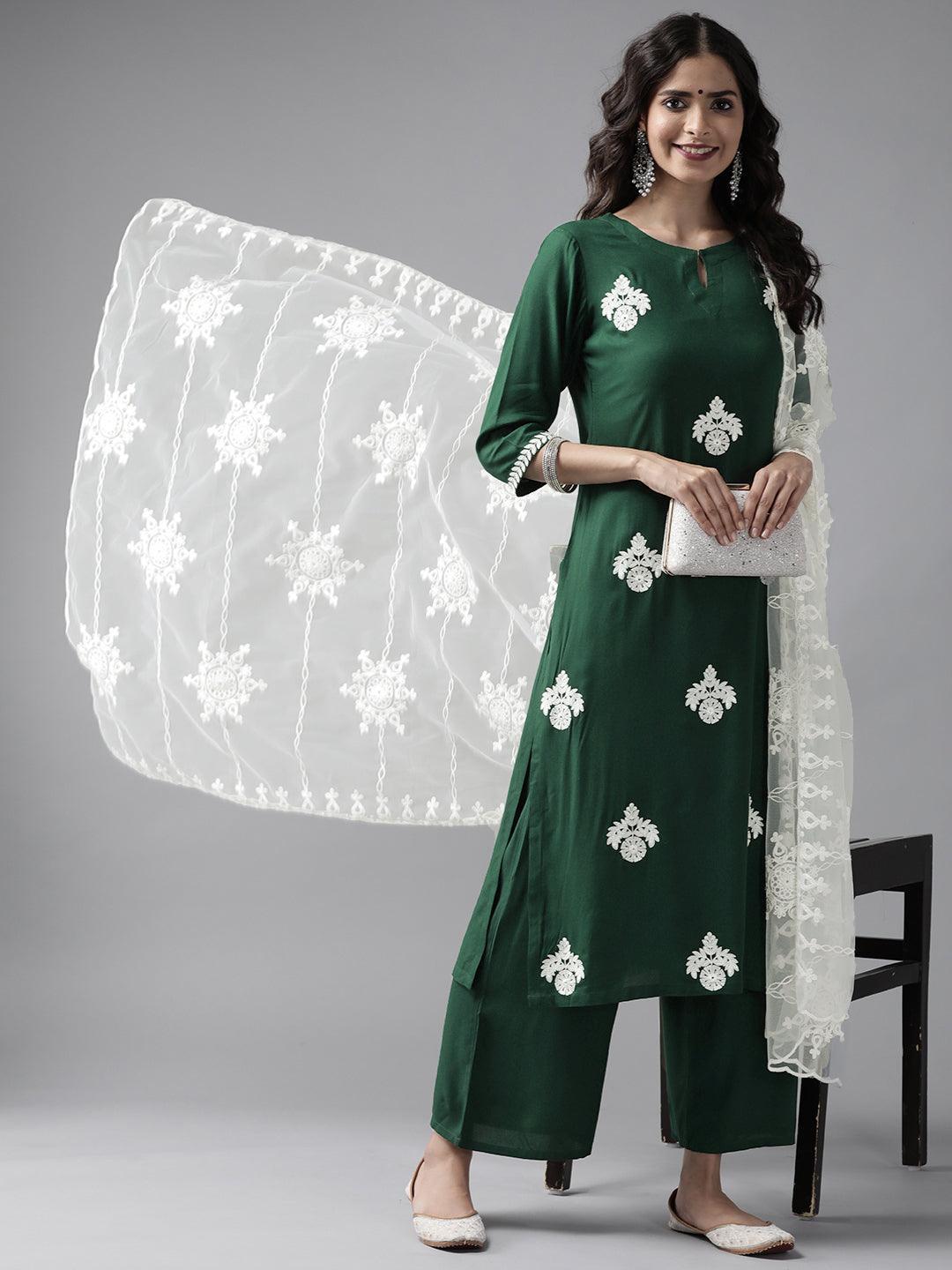 Green Embroidered Rayon Suit Set