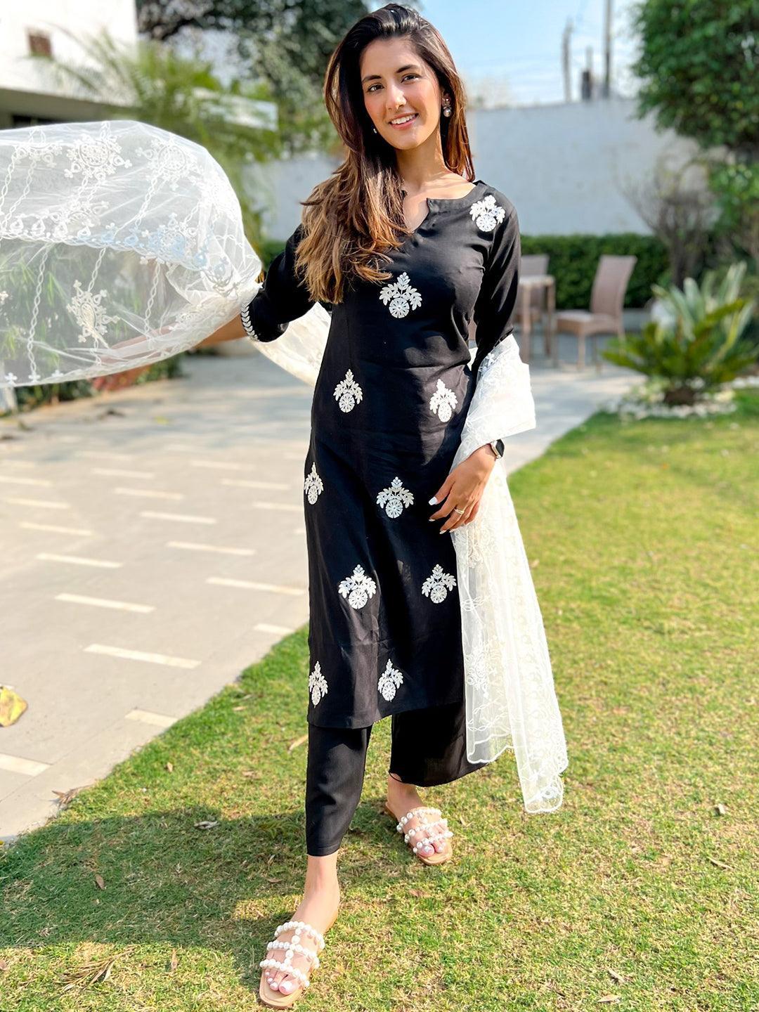 Black Embroidered Rayon Suit Set