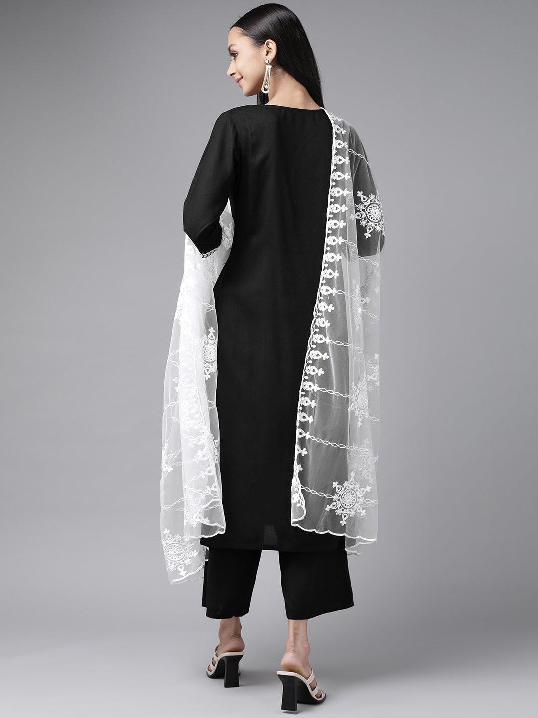 Black Embroidered Rayon Suit Set