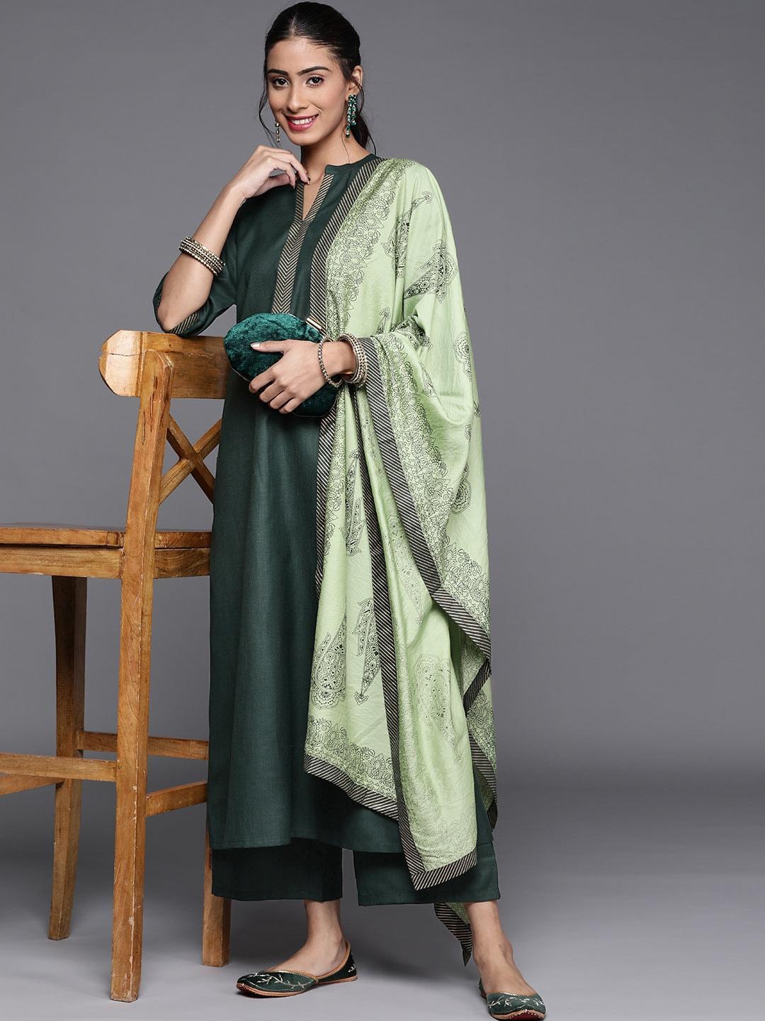 Green Solid Cotton Suit Set - ShopLibas