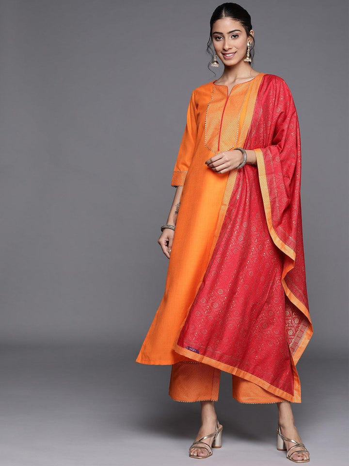 Orange Solid Cotton Suit Set - ShopLibas