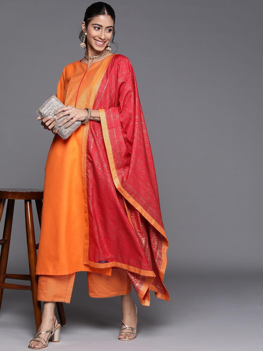 Orange Solid Cotton Suit Set - ShopLibas