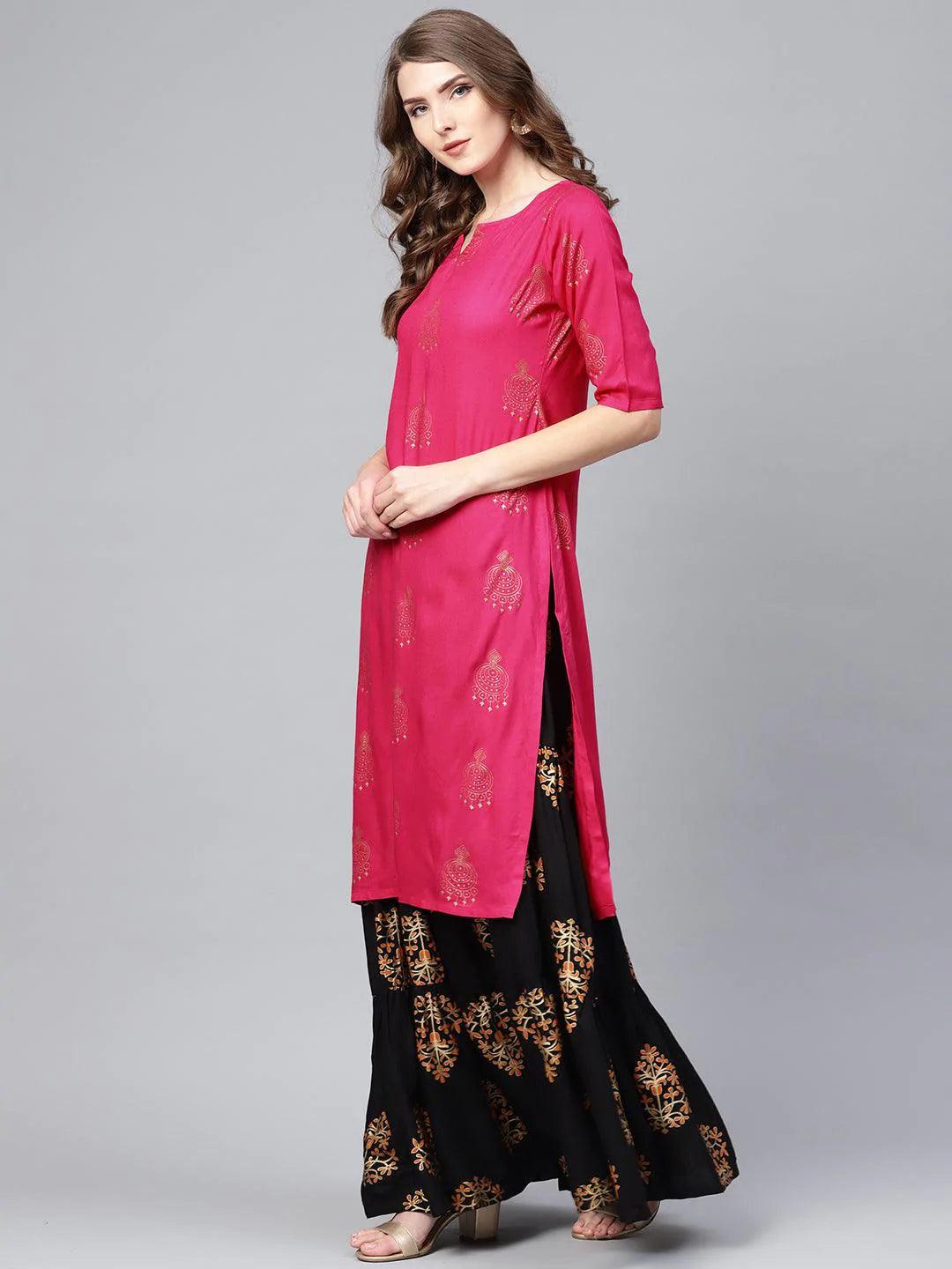 Pink Printed Rayon Kurta Set