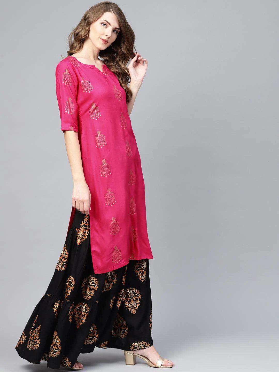 Pink Printed Rayon Kurta Set