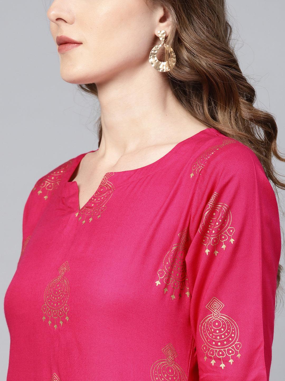 Pink Printed Rayon Kurta Set