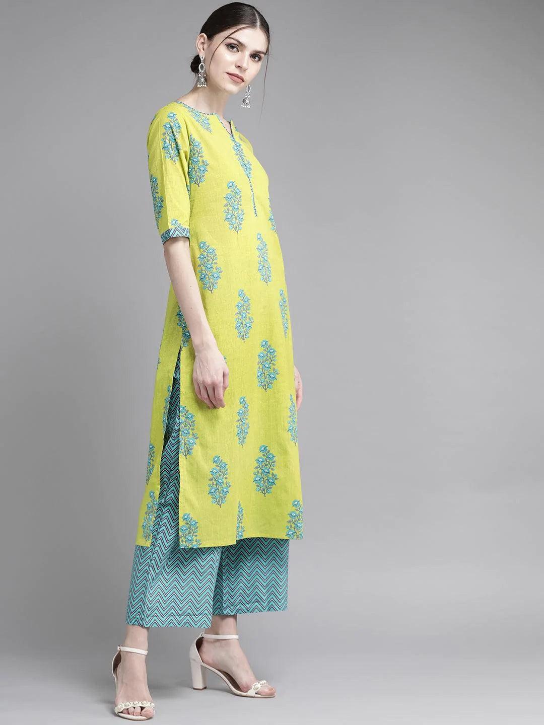 Green Printed Cotton Suit Set