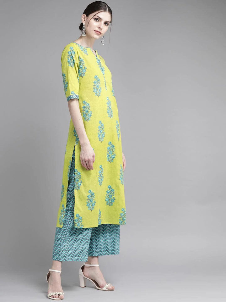 Green Printed Cotton Suit Set - ShopLibas