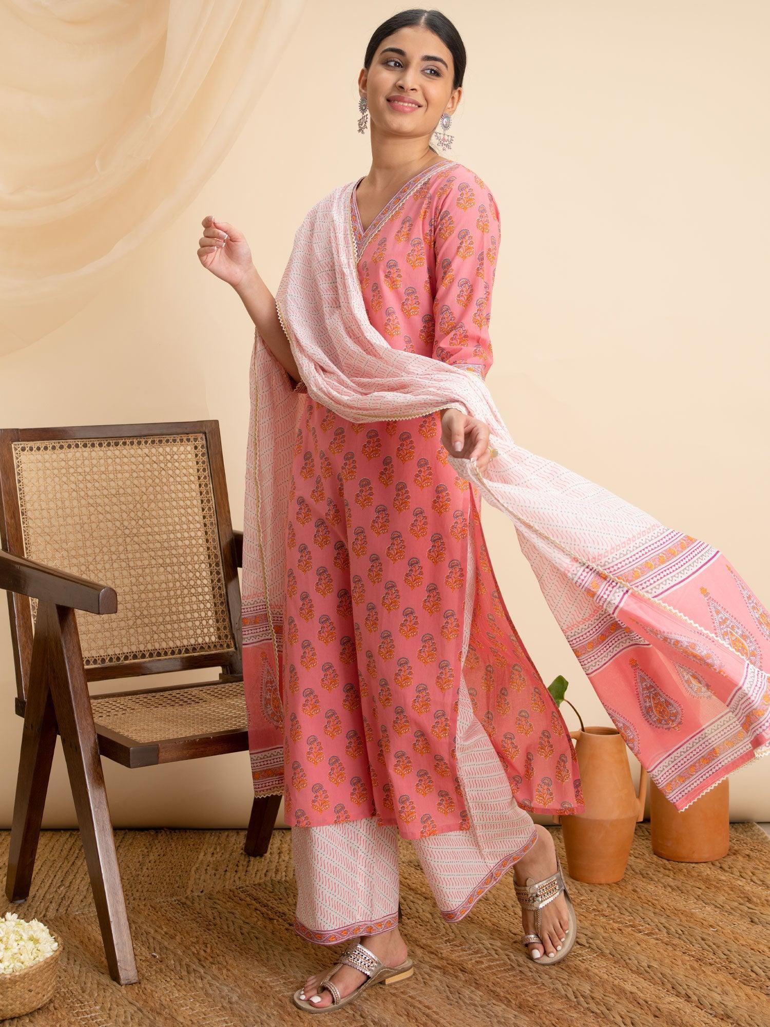 Pink Printed Cotton Suit Set