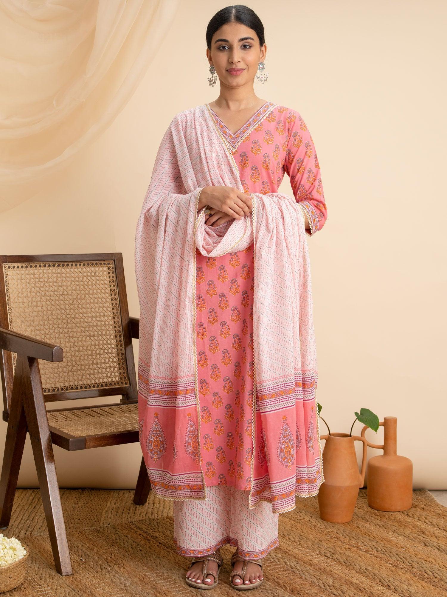 Pink Printed Cotton Suit Set