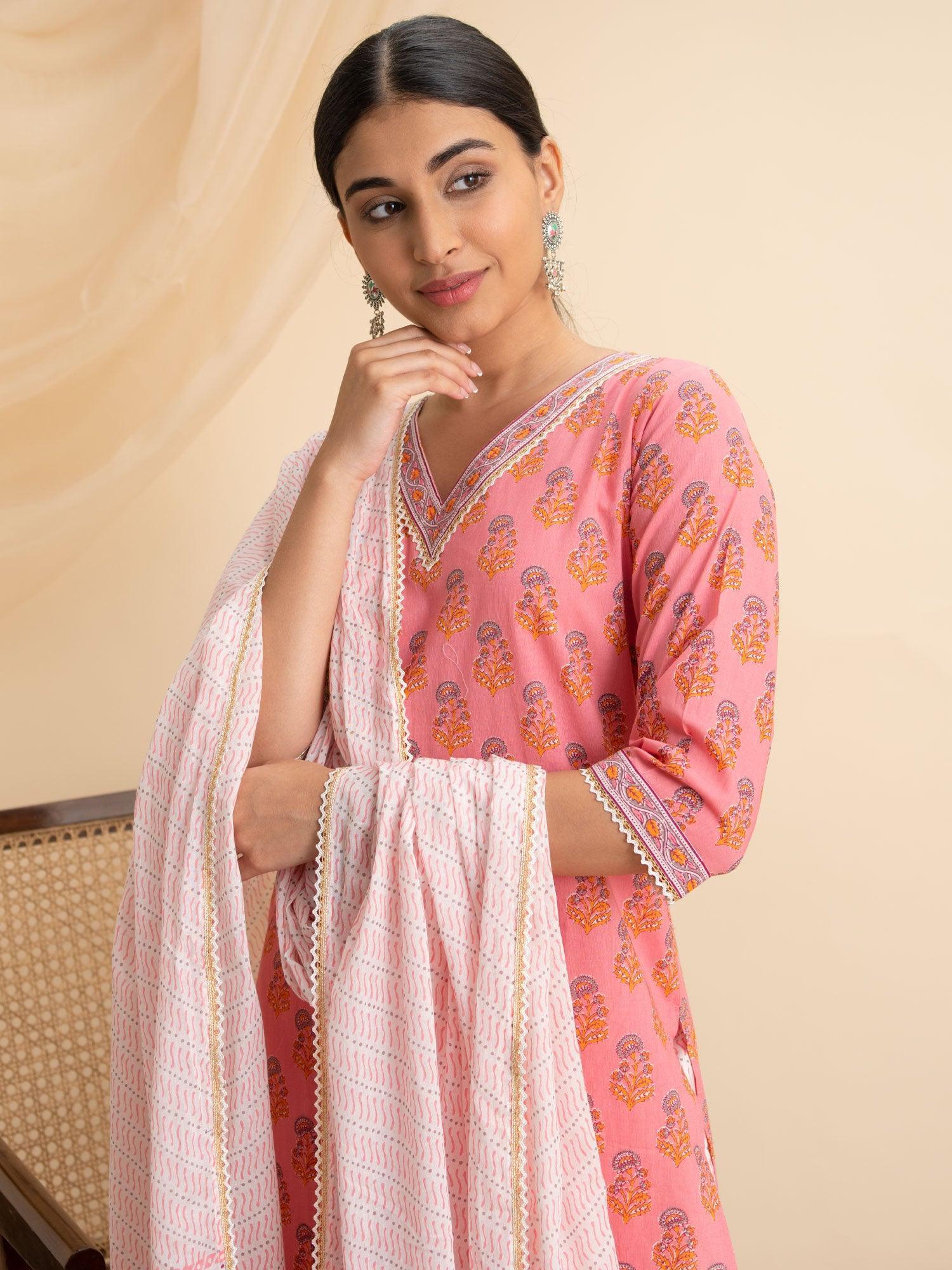 Pink Printed Cotton Suit Set