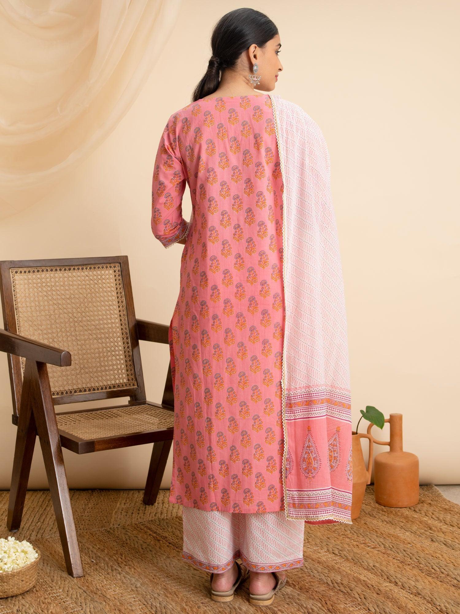 Pink Printed Cotton Suit Set